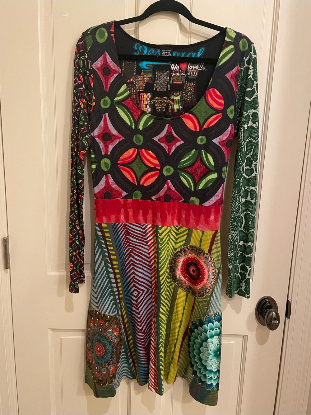 Desigual Multicolored Printed Long Sleeve Dress with Green Accents